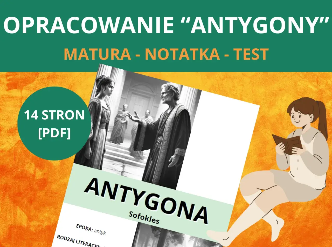 Opracowanie "Antygony" Sofoklesa. Ilustracja przedstawia scenę z tragedii antycznej, podkreślając jej cechy. 14 stron PDF.