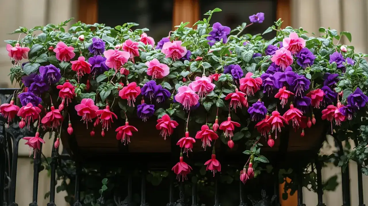 Bujne, wiszące kwiaty fuksji w odcieniach różu i fioletu zdobią skrzynkę na balkon, tworząc barwną kaskadę.