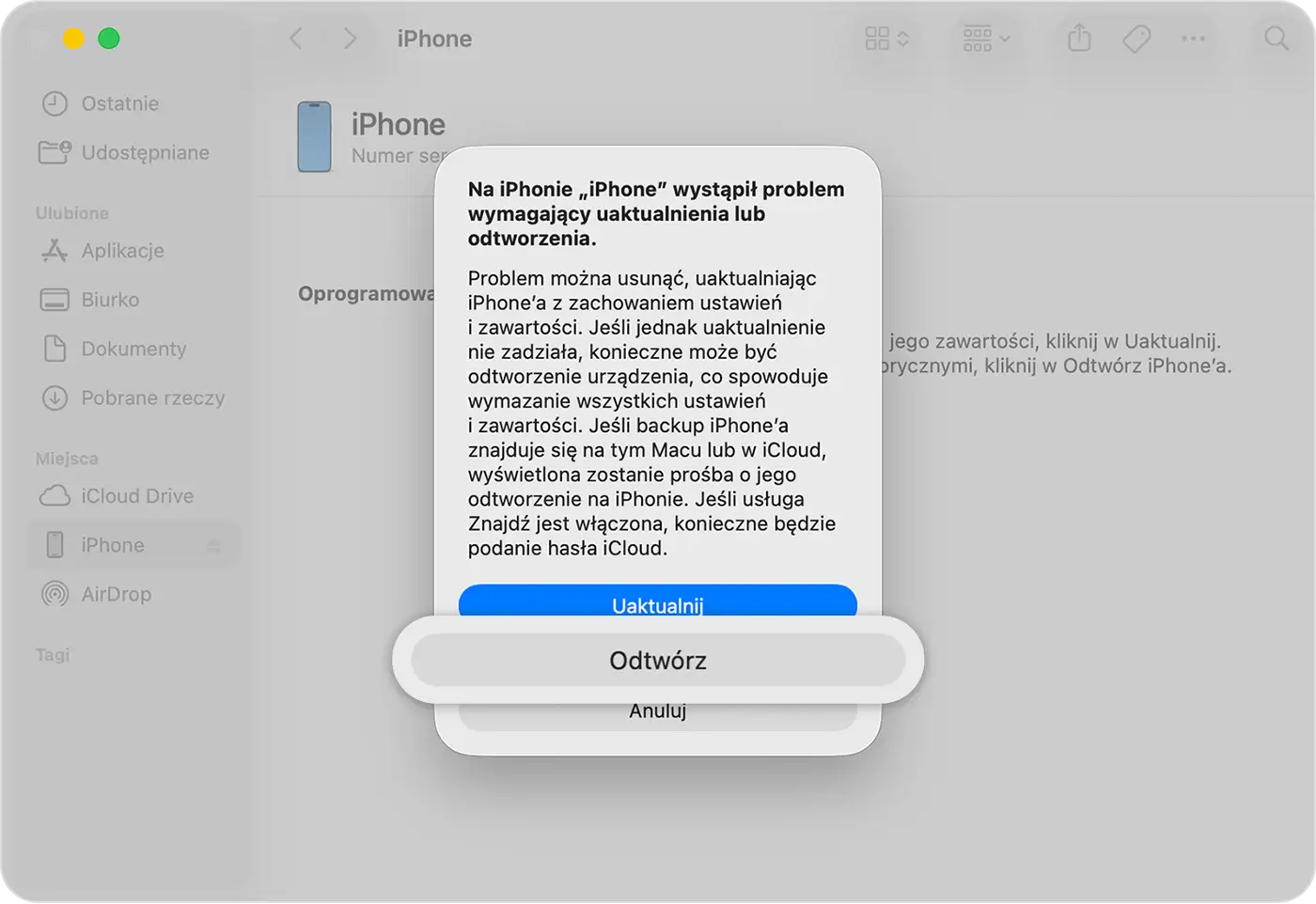 Komunikat o błędzie na iPhonie, sugerujący uaktualnienie lub odtworzenie. Możliwe rozwiązanie problemu to reset iPhone'a.