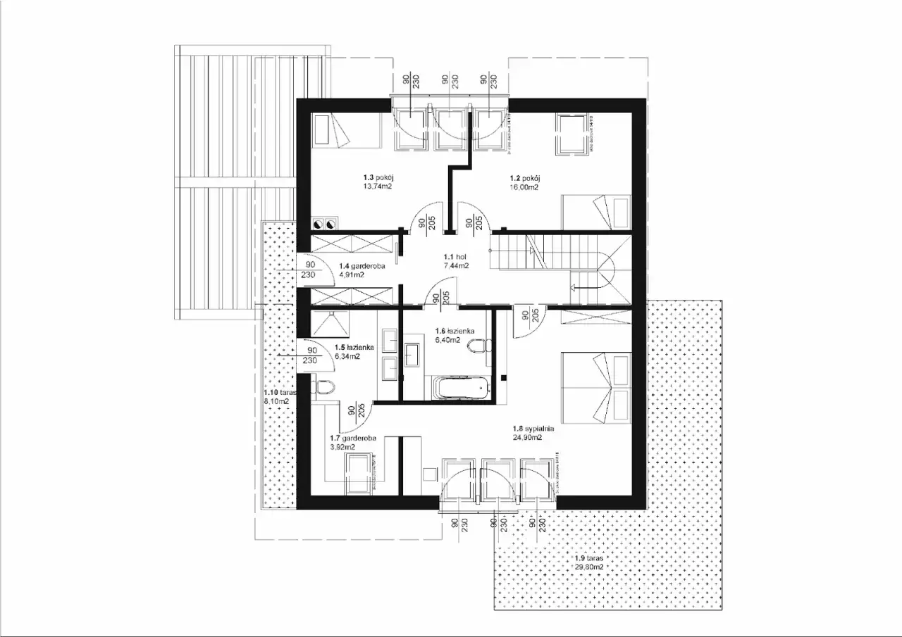 Rzut parteru budynku z dwoma kondygnacjami, pokazujący pokoje, łazienki i garderoby.