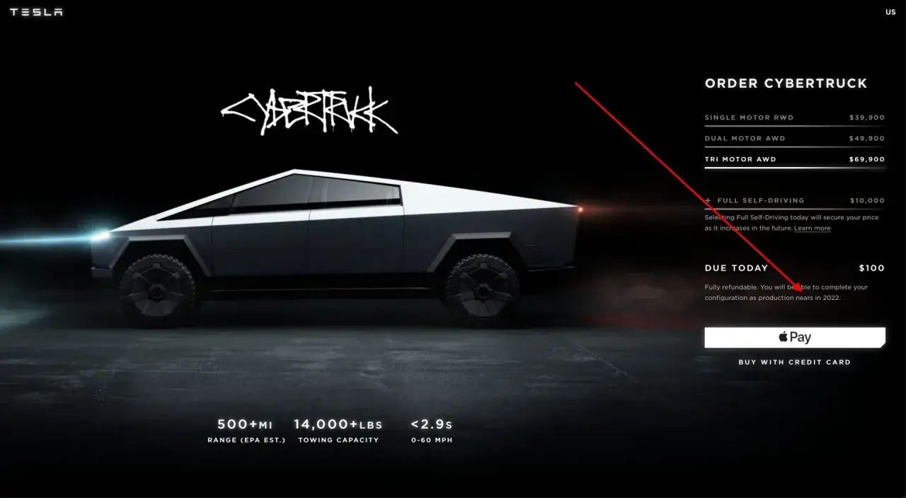 Tesla Cybertruck w ciemnym otoczeniu, z widocznymi danymi technicznymi i opcjami zamówienia.