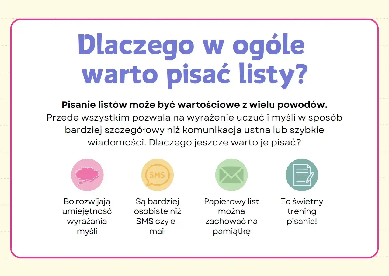 Dlaczego warto pisać listy? Bo rozwijają umiejętność wyrażania myśli, są osobiste, można je zachować na pamiątkę i to świetny trening pisania.