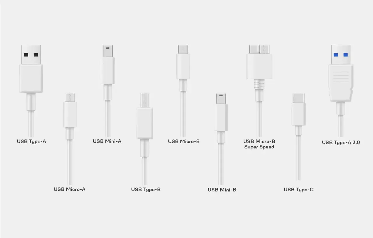 Zestaw białych kabli USB: USB Type-A, Mini-A, Micro-B, Micro-B Super Speed, Type-A 3.0, Micro-A, Type-B, Mini-B, Type-C.