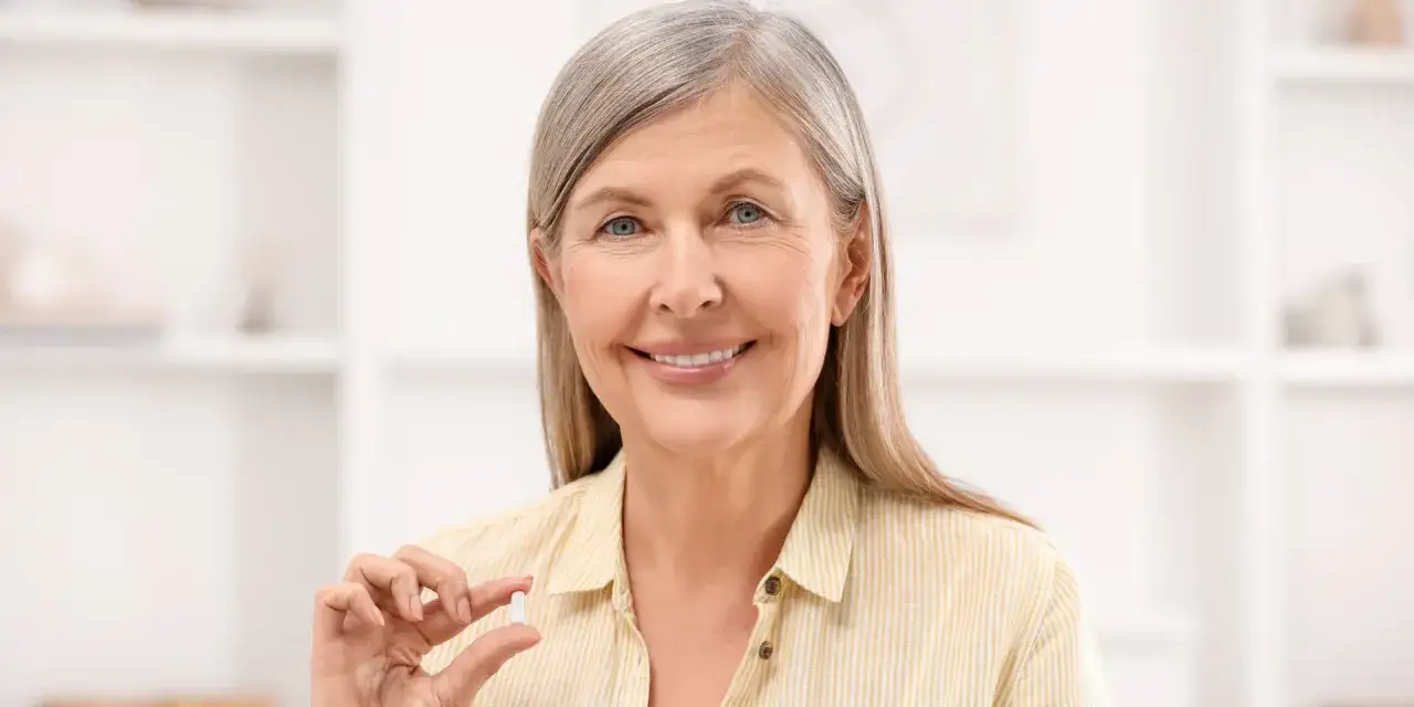 Uśmiechnięta kobieta w średnim wieku trzyma w dłoni białą tabletkę.