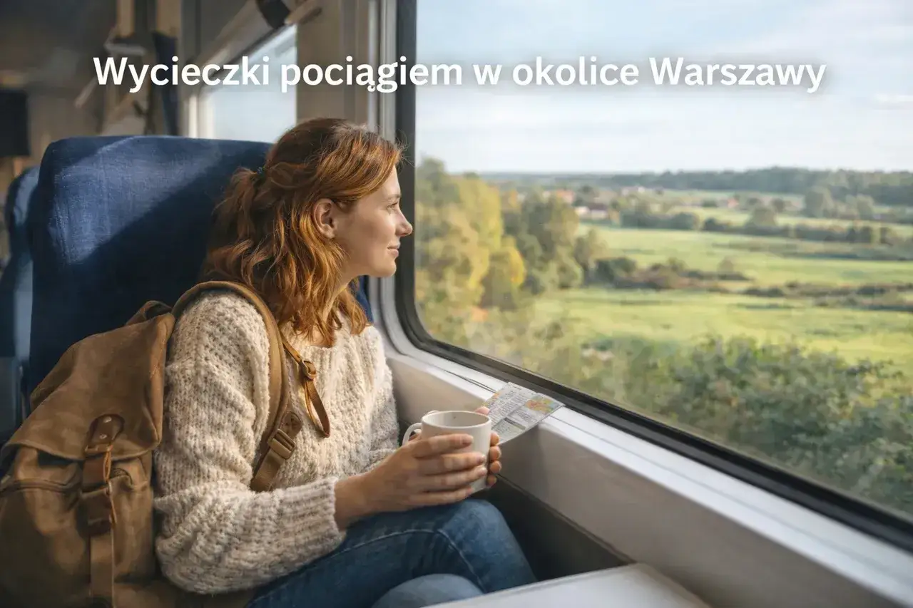 Kobieta z plecakiem i kubkiem w dłoniach patrzy przez okno pociągu. Idealny pomysł na weekendowe wycieczki pociągiem z Warszawy.