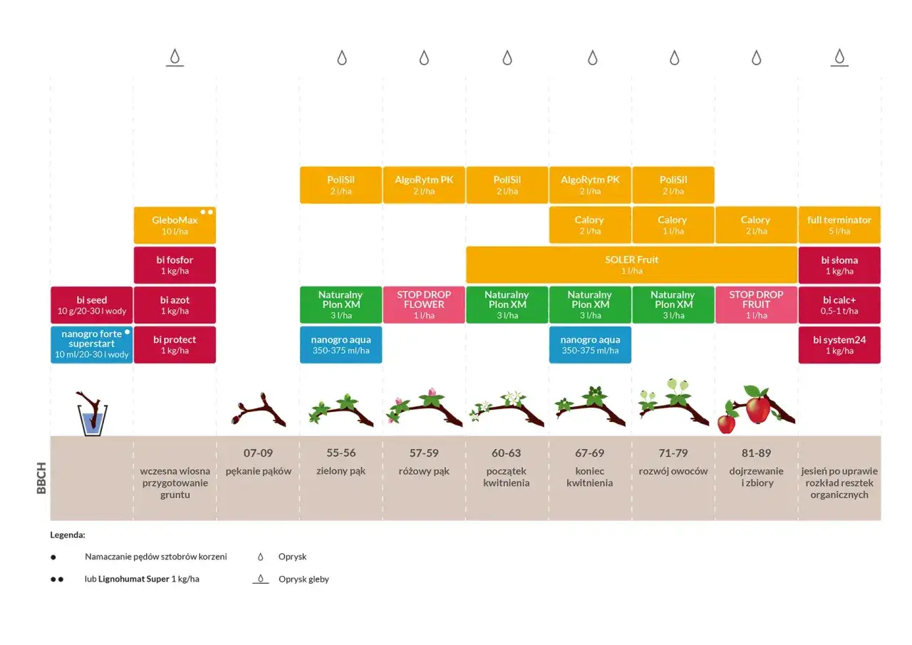 Schemat etapów rozwoju roślin sadowniczych z zastosowanymi środkami ochrony i nawozami.
