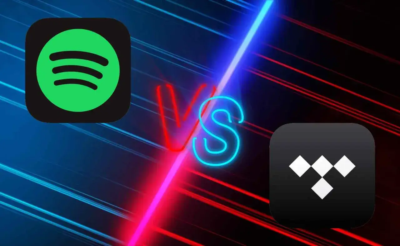 Logo Spotify i Tidal obok siebie, z napisem "VS" pośrodku, na tle neonowych linii.