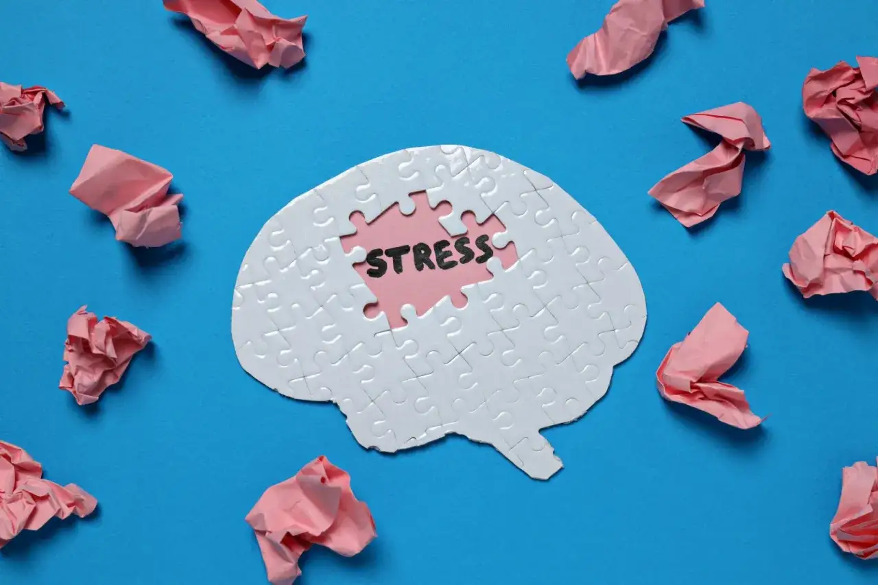 Puzzle w kształcie mózgu z napisem "STRESS" w środku. Wokół porozrzucane pomięte kartki. Jak napisać przemówienie, gdy stres paraliżuje?