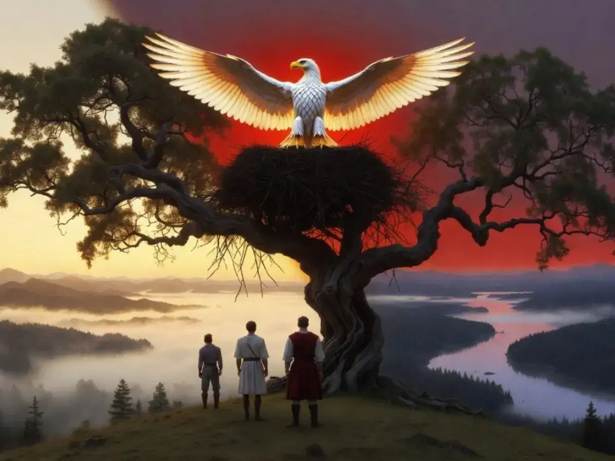 Trzech braci patrzy na orła w gnieździe na drzewie, na tle mglistego krajobrazu i czerwonego nieba.