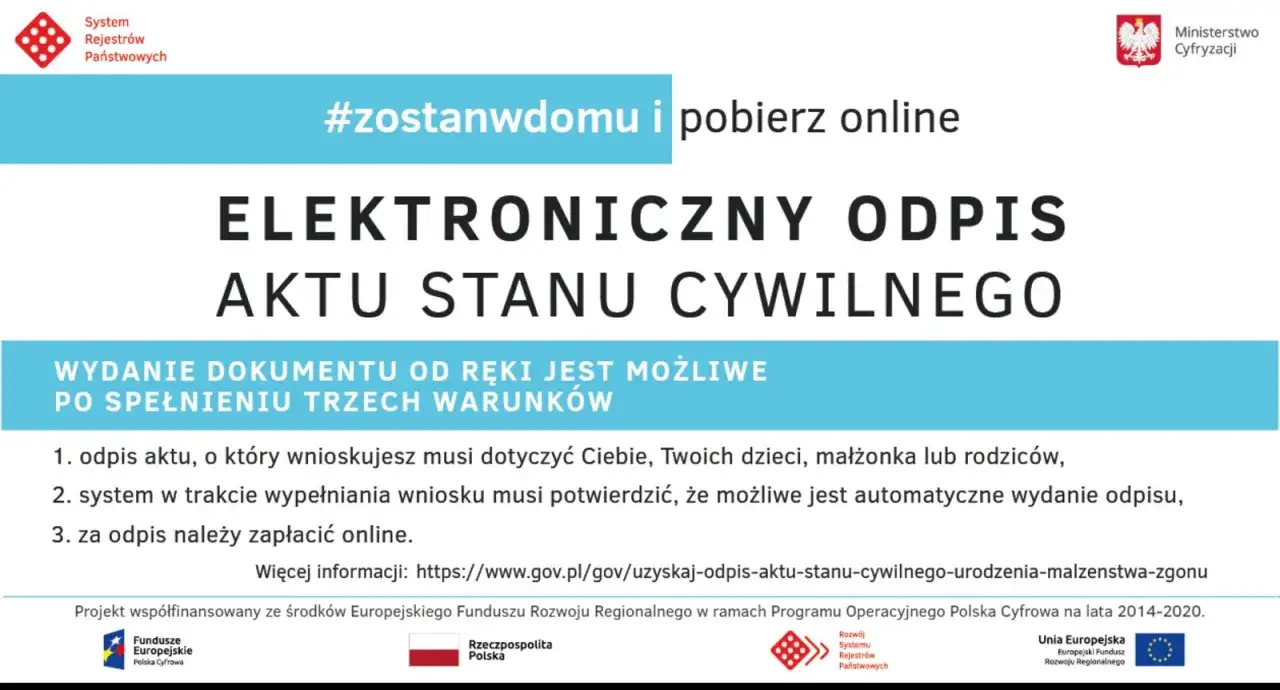 Grafika przedstawia nagłówek "ELEKTRONICZNY ODPIS AKTU STANU CYWILNEGO" z hasłem #zostanwdomu.