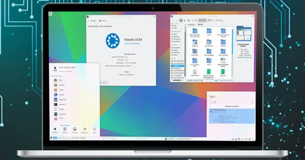 Laptop z systemem Kubuntu 15.04, wyświetlający okna z informacjami o systemie, menedżerem plików i siecią.