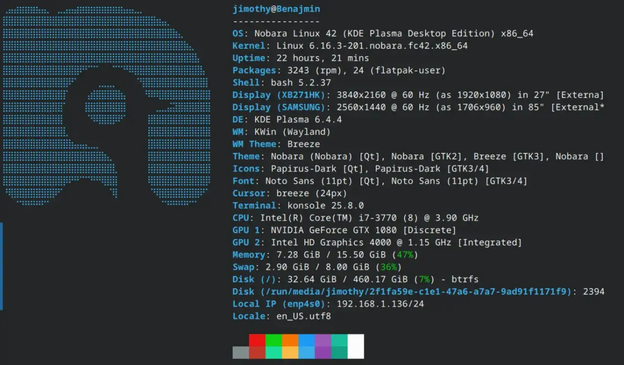 Terminal z Nobara Linux 42, pokazujący informacje o systemie, kernelu, sprzęcie i ustawieniach.