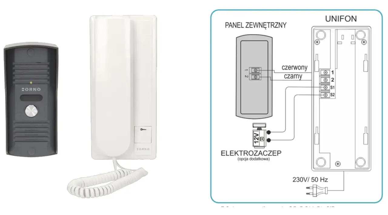 Domofon: panel zewnętrzny i unifon z instrukcją podłączenia.