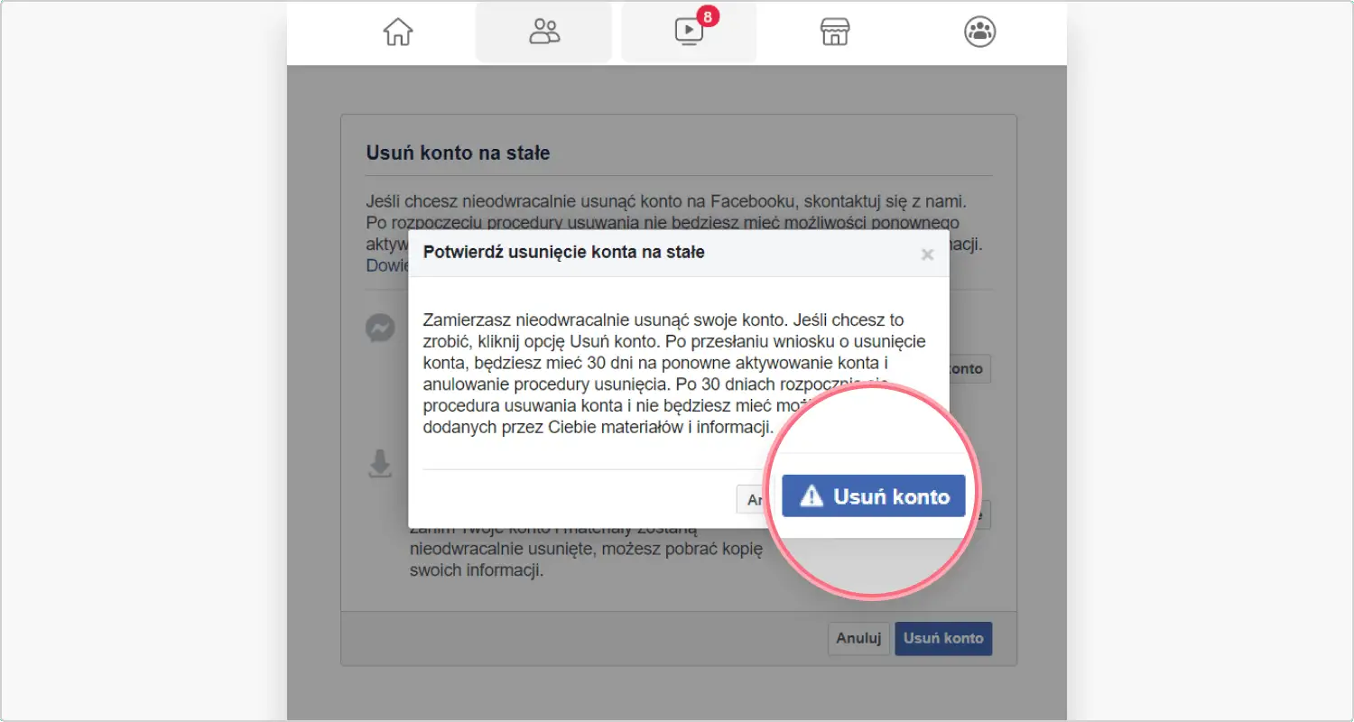 Okno dialogowe Facebook z przyciskiem "Usuń konto" i ostrzeżeniem.