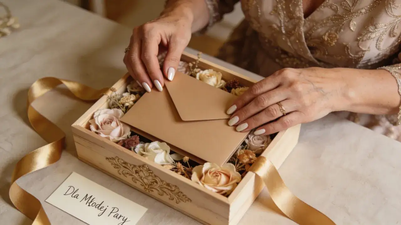 Elegancka skrzynka z kwiatami i kopertą. Chrzestny zastanawia się, ile na wesele daje, by sprawić radość Młodej Parze.
