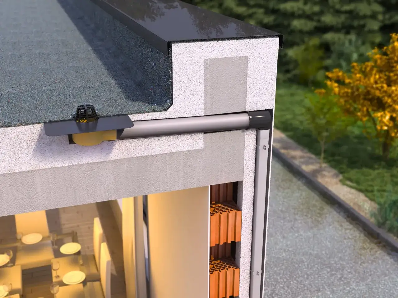 Przekrój nowoczesnego budynku z widocznym systemem odprowadzania wody z dachu płaskiego. Wnętrze z jadalnią.