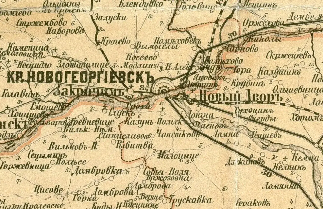 Mapa z zaznaczonymi miejscowościami, w tym Kr. Новогеоргиевскъ i Новый Дворъ. Może to być baza zaginionych dzieł sztuki.