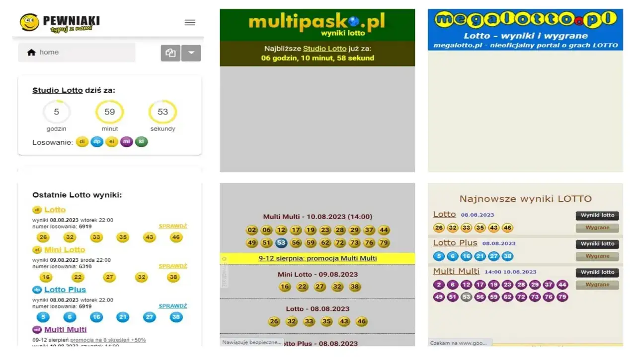 Strona pokazuje, jak sprawdzić wyniki Lotto Plus i inne gry liczbowe. Widoczne są ostatnie losowania, liczniki czasu do kolejnych gier i numery zwycięskich zakładów.