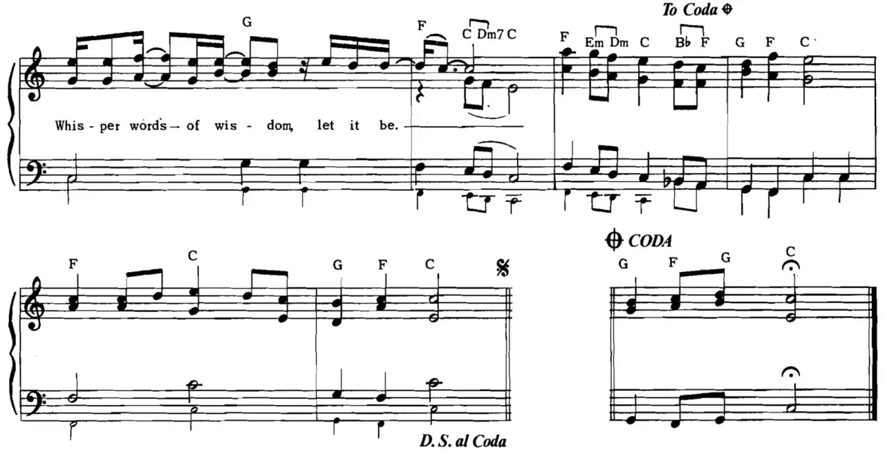 Fragment nutowy z tekstem "Whisper words of wisdom, let it be." oraz oznaczeniem "To Coda" i "CODA".