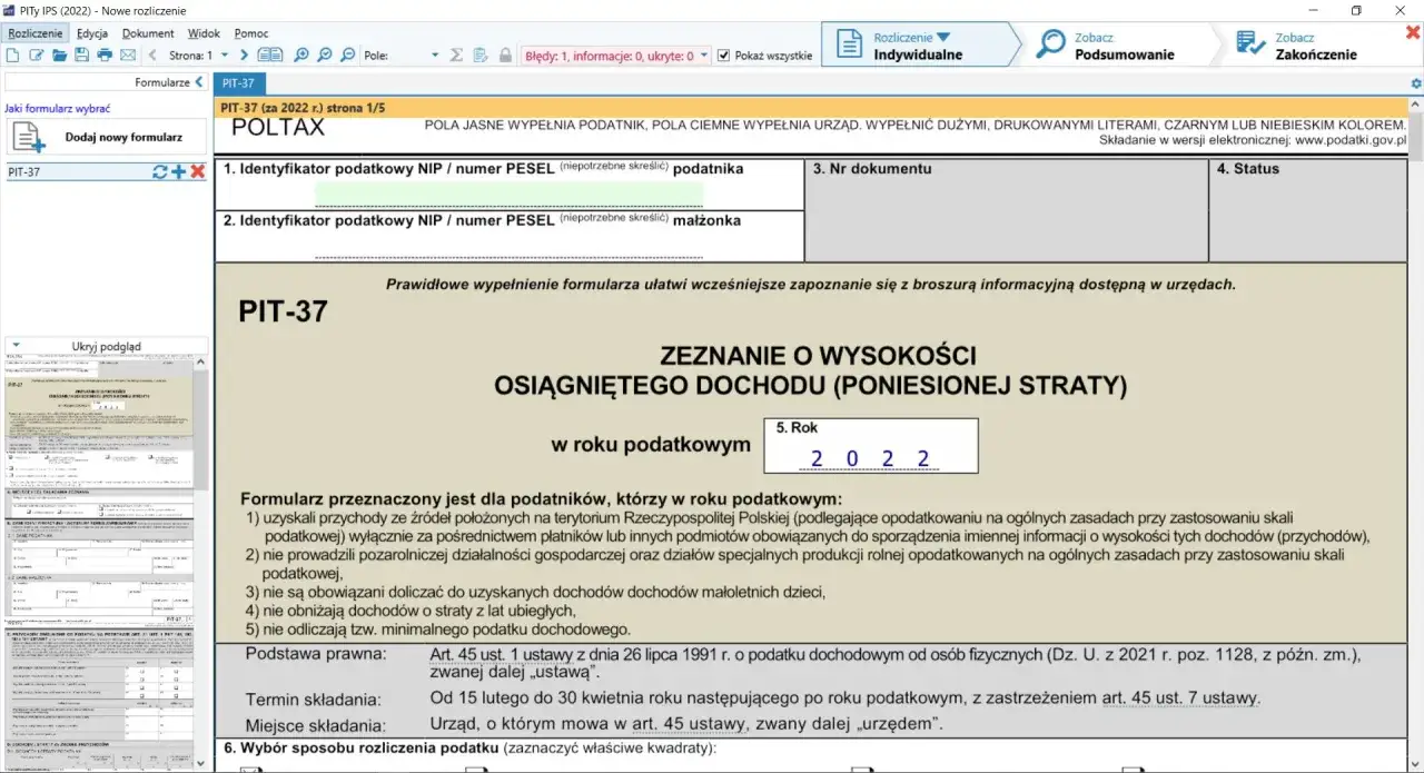 Zrzut ekranu z programu do rozliczania PIT-37, widoczny formularz zeznania podatkowego.