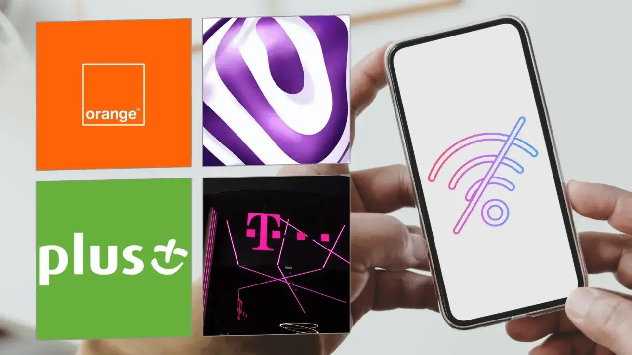 Ikony operatorów Orange, Plus i T-Mobile. Na ekranie telefonu symbol braku połączenia, sugerujący automatyczne rozłączanie połączenia.