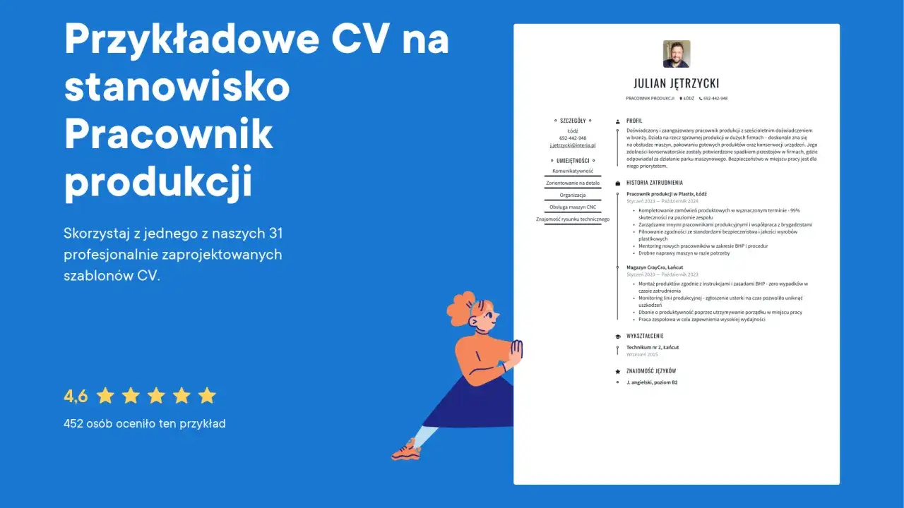 Przykładowe CV na stanowisko pracownik produkcji, z kodem zawodu i opisem doświadczenia w branży.
