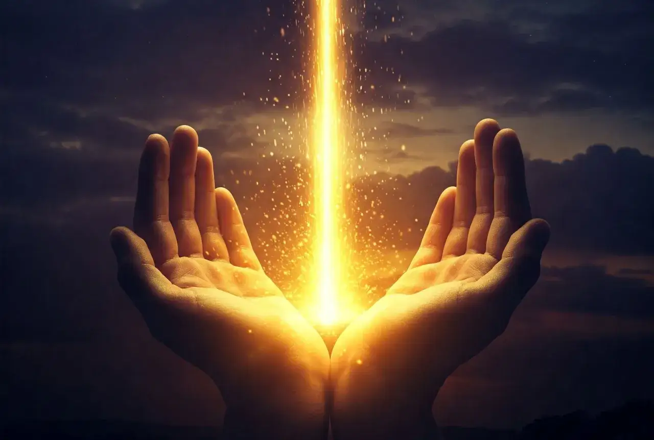 Dłonie otwarte ku niebu, przyjmujące strumień złotego światła. Symbolizuje to główne prawdy wiary, które oświecają i prowadzą.