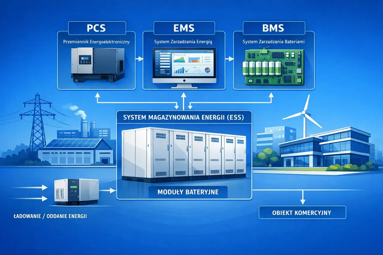System magazynowania energii (ESS) z zasilaniem akumulatorowym to serce nowoczesnej infrastruktury, zarządzane przez PCS, EMS i BMS.