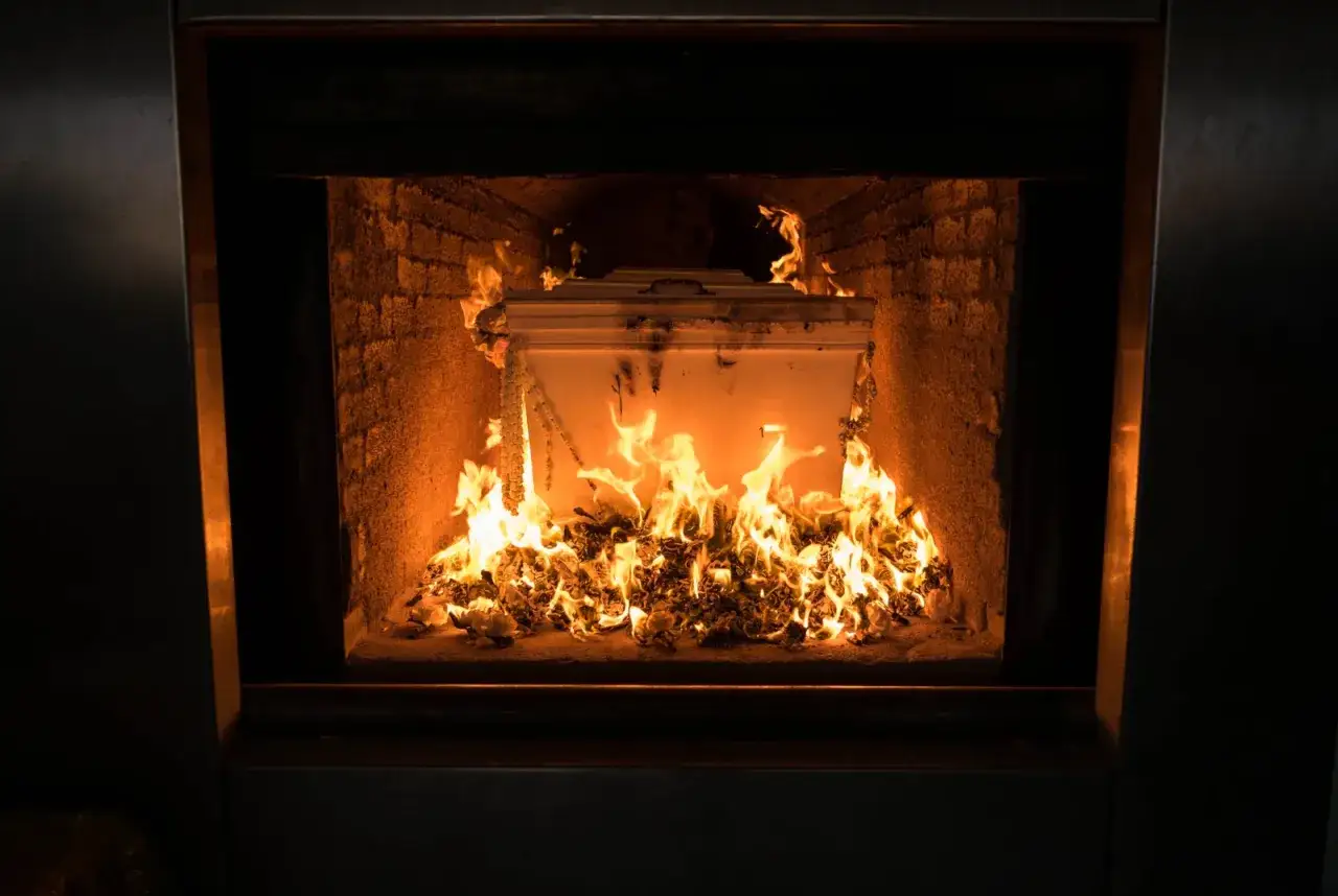 Trumna w płomieniach w piecu kremacyjnym.