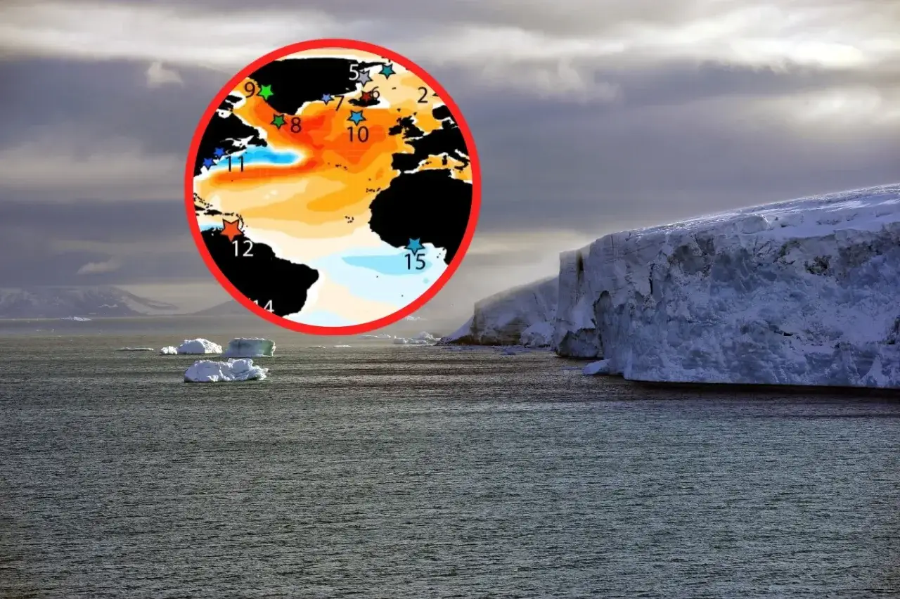 Mapa oceanów z zaznaczonymi anomaliami temperatur, sugerującymi ochłodzenie, jak podczas małej epoki lodowcowej, na tle lodowca i gór.