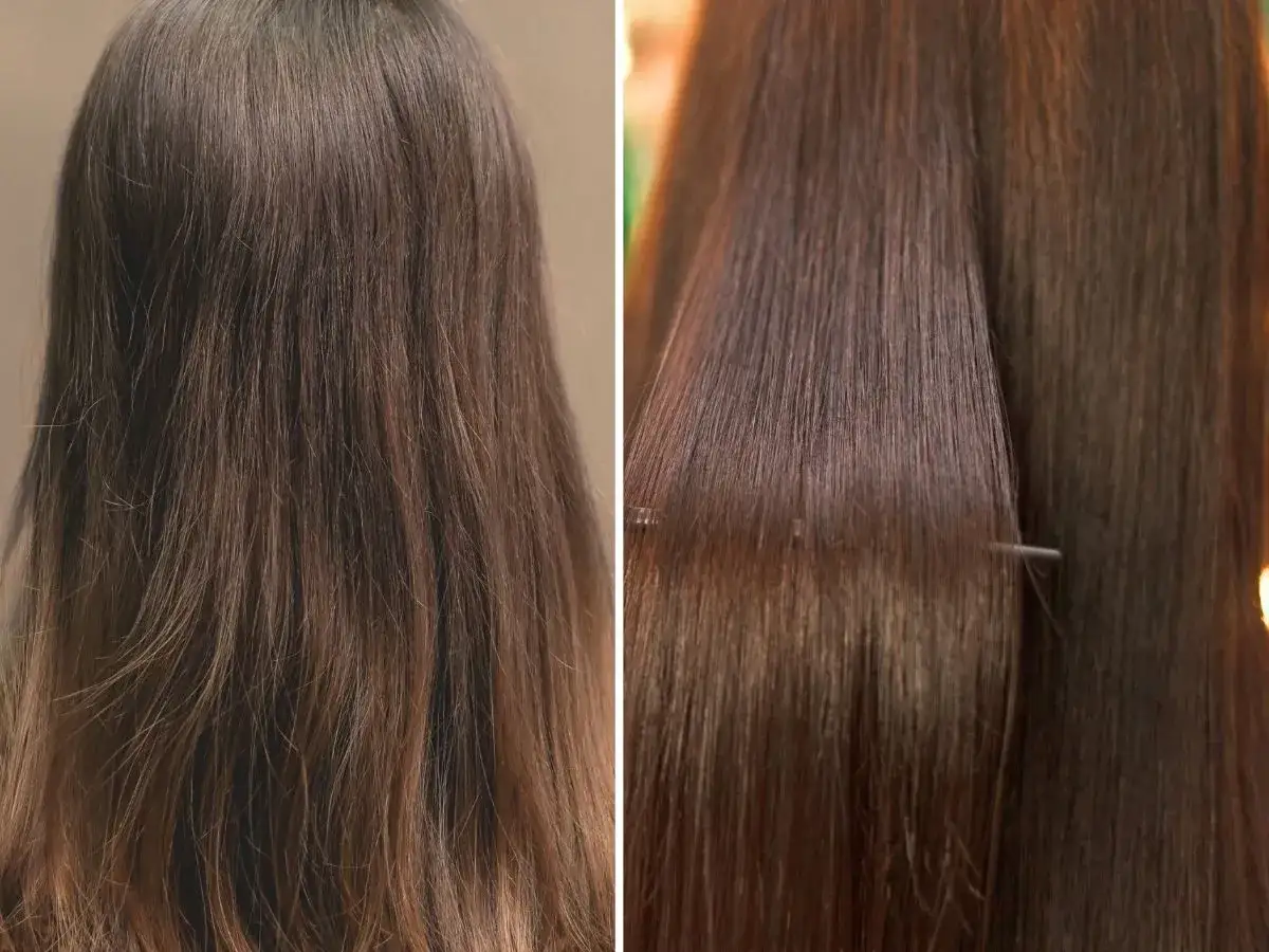 Przed i po nanoplastii: włosy po umyciu są gładkie, lśniące i zdyscyplinowane.
