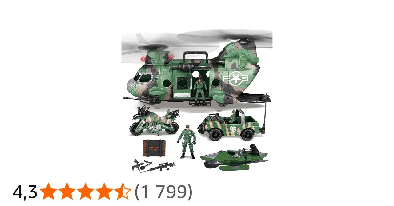 Zestaw zabawek wojskowych: helikopter, jeep, motocykl, łódź, żołnierze i broń.