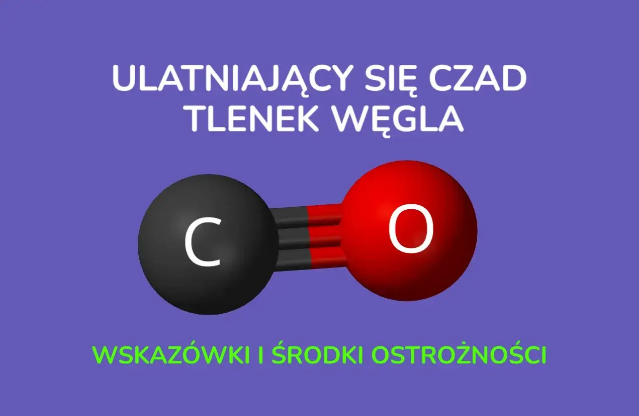 Ulatniający się czad tlenek węgla. Molekuła CO, czarna kula z literą C i czerwona z literą O, połączone potrójnym wiązaniem. Wskazówki i środki ostrożności.