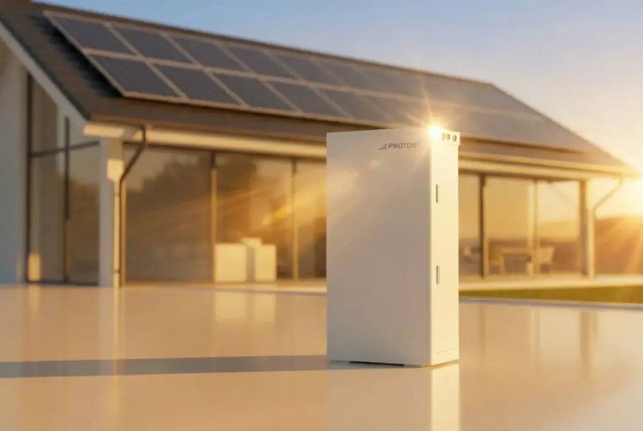 Nowoczesny magazyn energii Proton przy domu z panelami słonecznymi. Dofinansowanie do magazynu energii ułatwia inwestycję w zieloną energię.