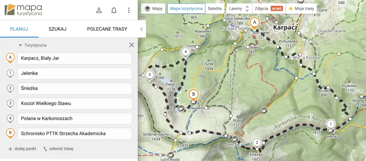Mapa turystyczna Karkonoszy. Sprawdź, czy szlaki turystyczne są otwarte, planując trasę od Karpacza przez Śnieżkę do schroniska.
