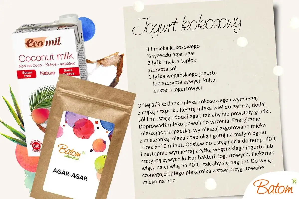 Przepis na jogurt kokosowy z wegańskimi kulturami bakterii jogurtowych. Składniki: mleko kokosowe, agar-agar, mąka z tapioki, sól, wegański jogurt lub żywe kultury bakterii jogurtowych.