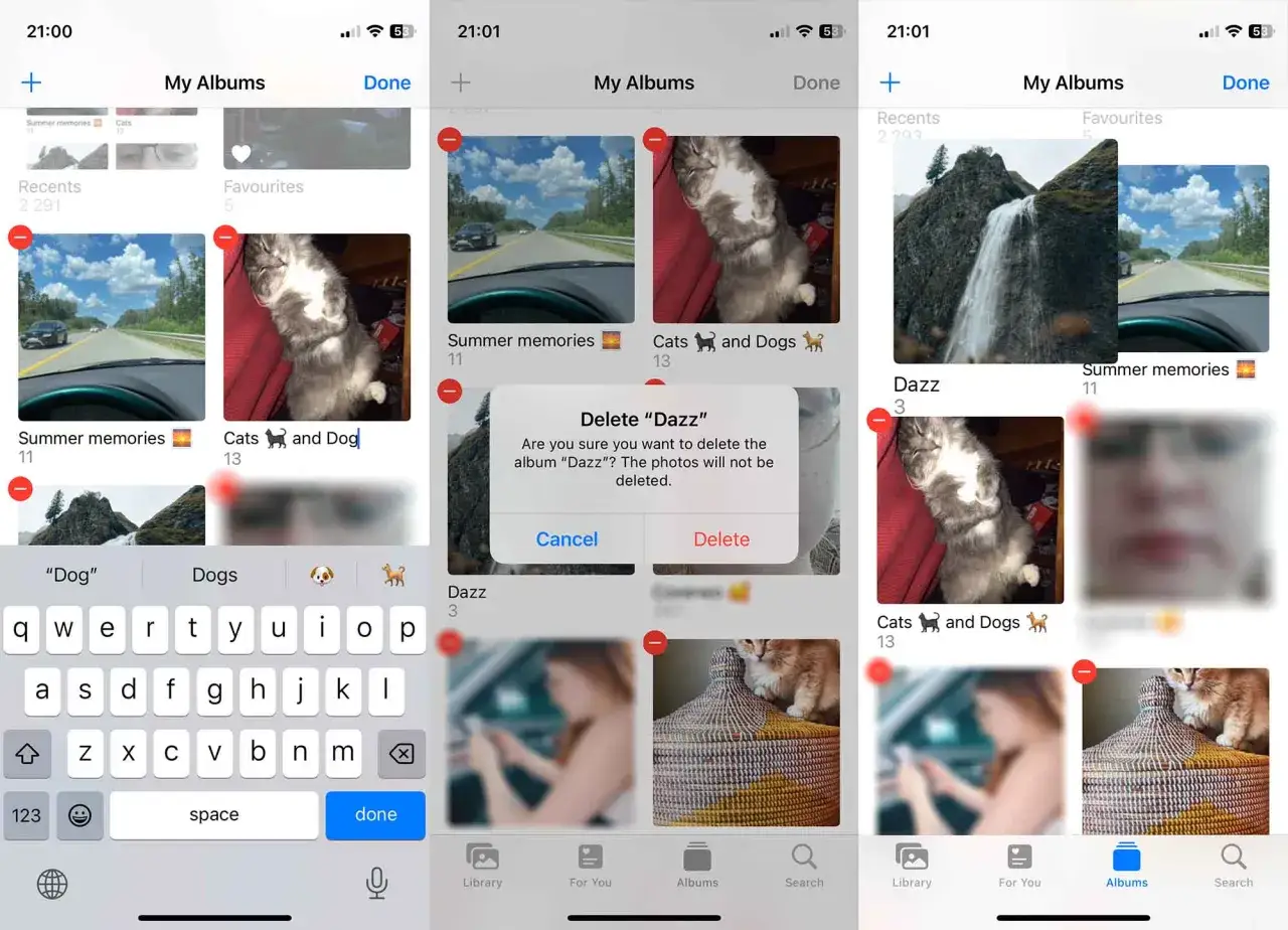 Ekran iPhone'a z albumami zdjęć, pokazujący jak przenieść zdjęcia z Androida na iPhone'a. Widoczne albumy: "Summer memories", "Cats and Dogs", "Dazz".