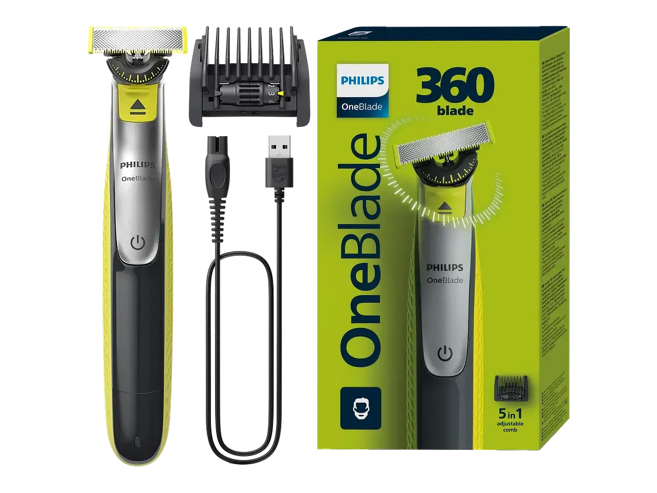 Golarka Philips OneBlade z akcesoriami i opakowaniem.