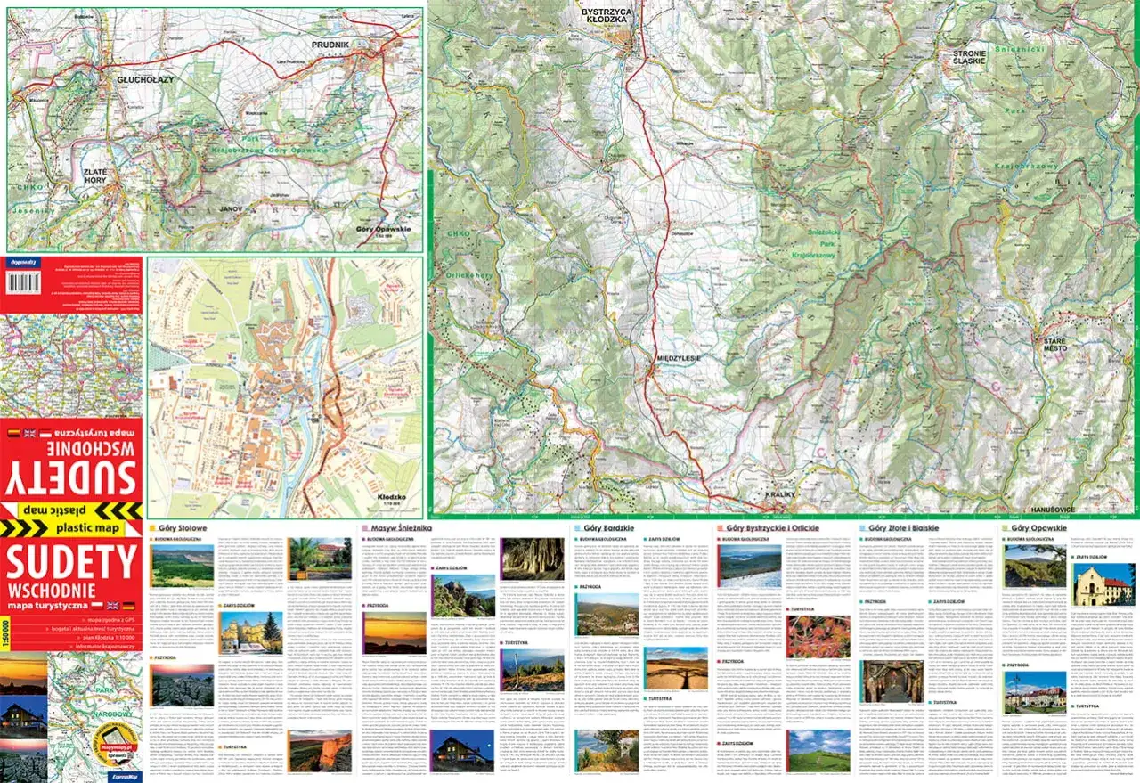 Mapa turystyczna Sudetów Wschodnich z zaznaczonymi najpiękniejszymi trasami poza Śnieżnikiem.