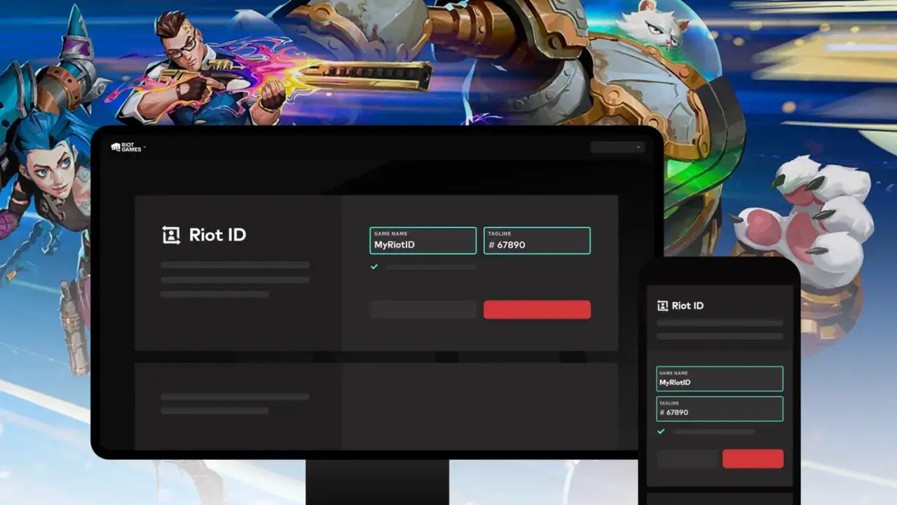Postacie z gier Riot Games na tle ekranów z interfejsem Riot ID.