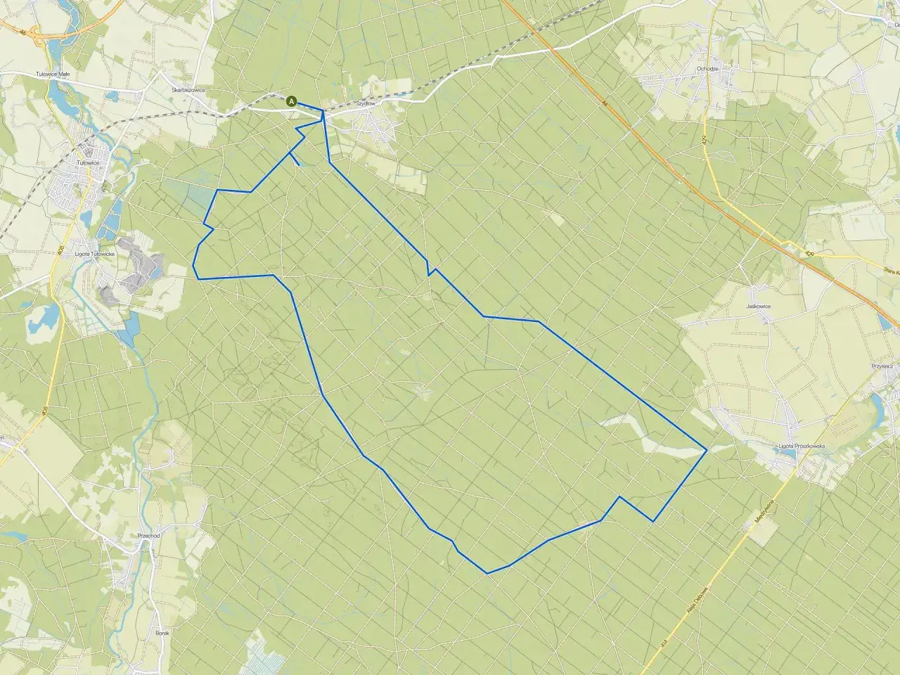 Niemodlin trasa: mapa z zaznaczoną pętlą przez pola i lasy, zaczynającą się w okolicach Szydłowa.