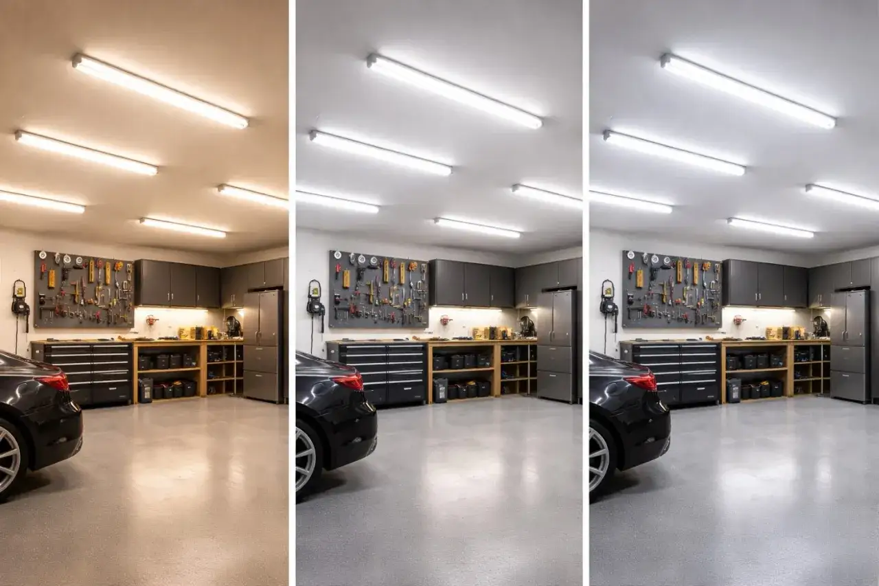 Porównanie, jakie oświetlenie do garażu: ciepłe, neutralne i zimne. Widać samochód, narzędzia i szafki.