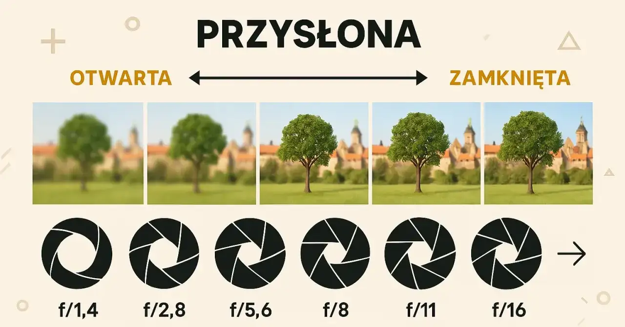 Ilustracja pokazuje, jak preselekcja przysłony wpływa na głębię ostrości. Od otwartej (f/1,4) do zamkniętej (f/16), tło staje się coraz bardziej ostre.