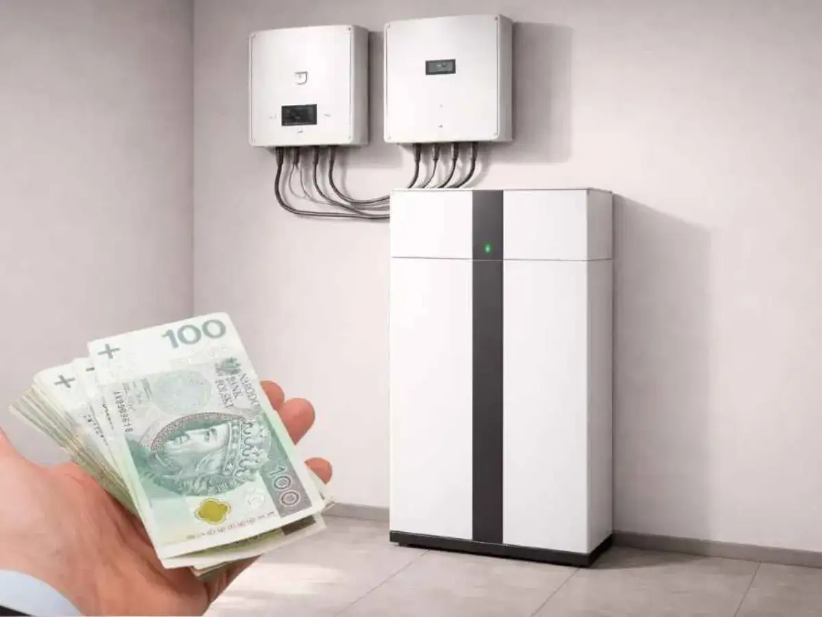 Inwestycja w mój prąd magazyn energii to oszczędność. Stos pieniędzy w dłoni obok nowoczesnego magazynu energii i falowników.