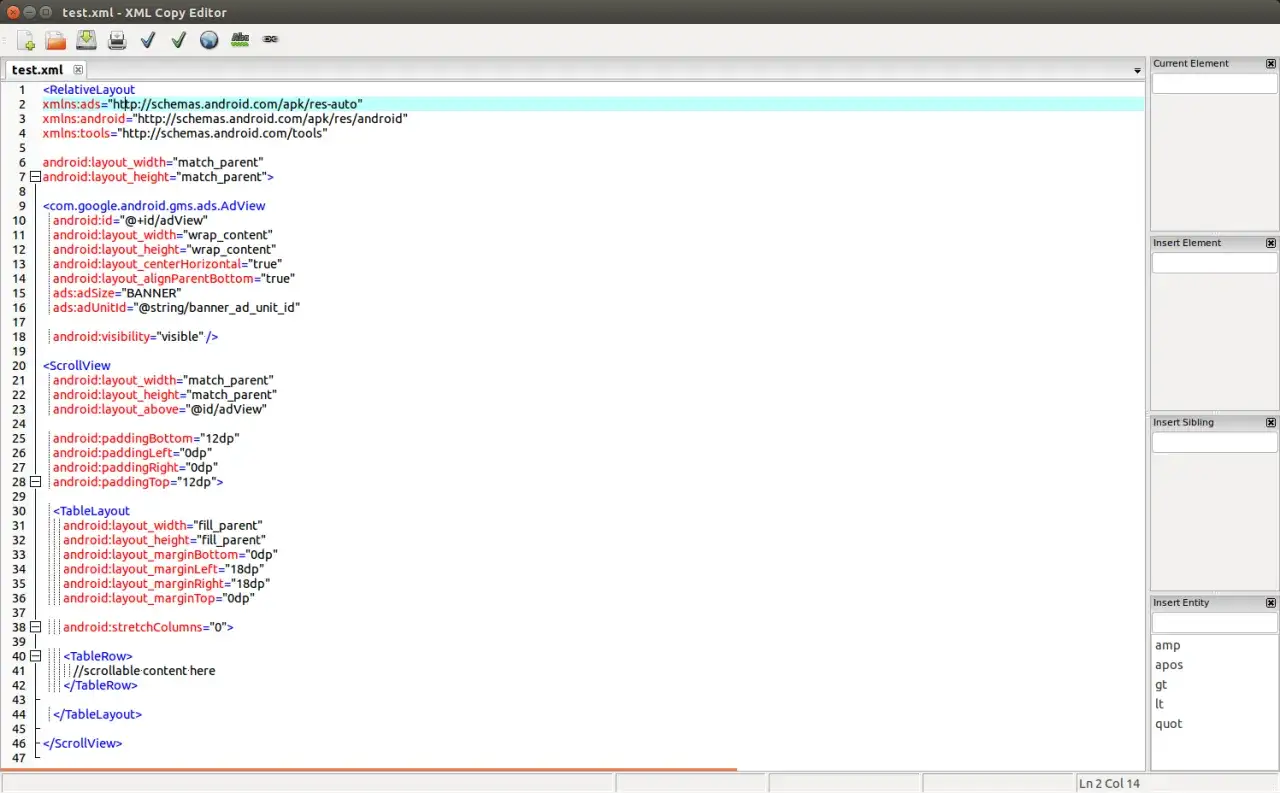 Edytor kodu XML pokazuje, jak otworzyć plik XML z kodem Android Layout. Widoczne są tagi takie jak RelativeLayout, ScrollView i TableLayout.