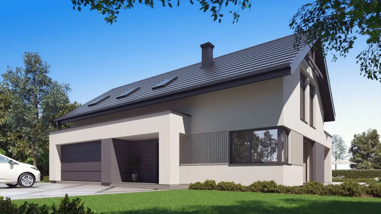 Nowoczesny dom w nefrisach g2 z garażem i białym samochodem na podjeździe.
