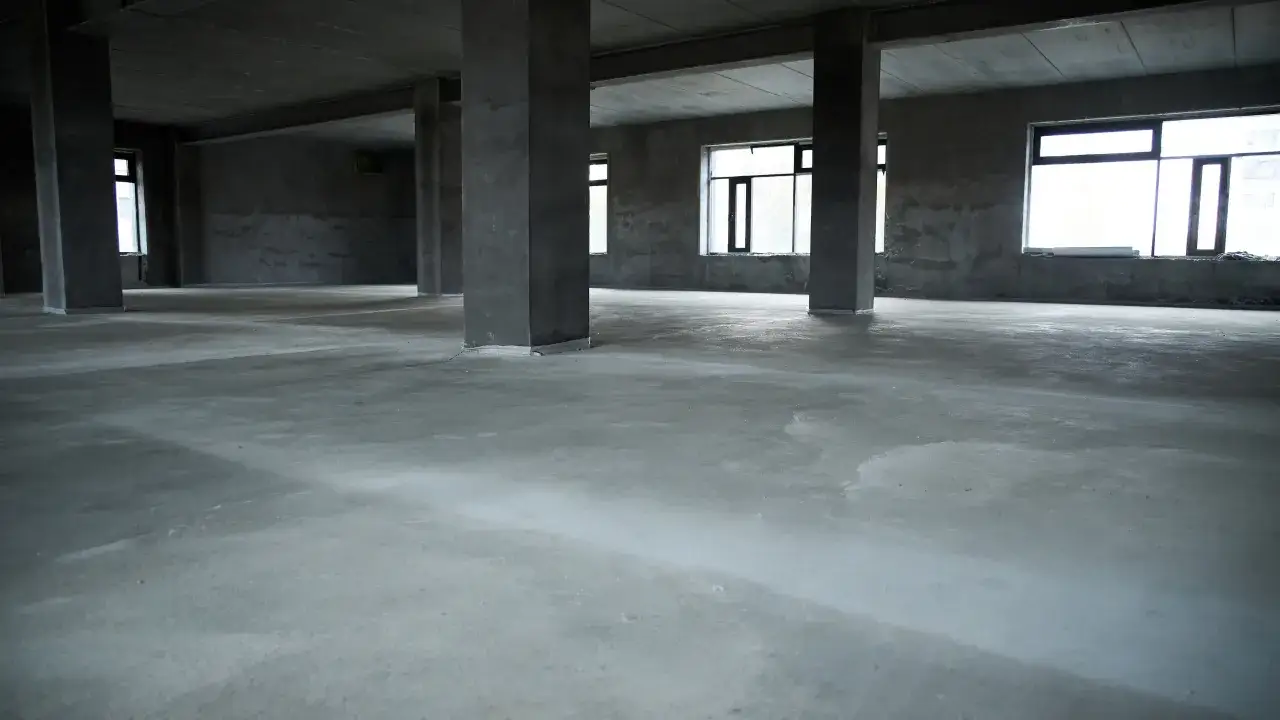 Surowa posadzka betonowa w pustym domu, idealna baza pod wykończenie. Jaki beton na posadzkę w domu wybrać?