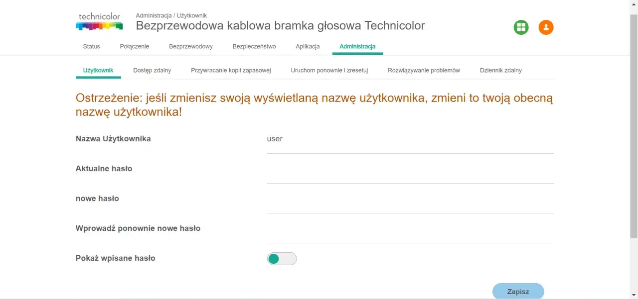 Zmiana hasła technicolor CGA2121. Ekran administracji bramki Technicolor, gdzie można zmienić nazwę użytkownika i hasło.