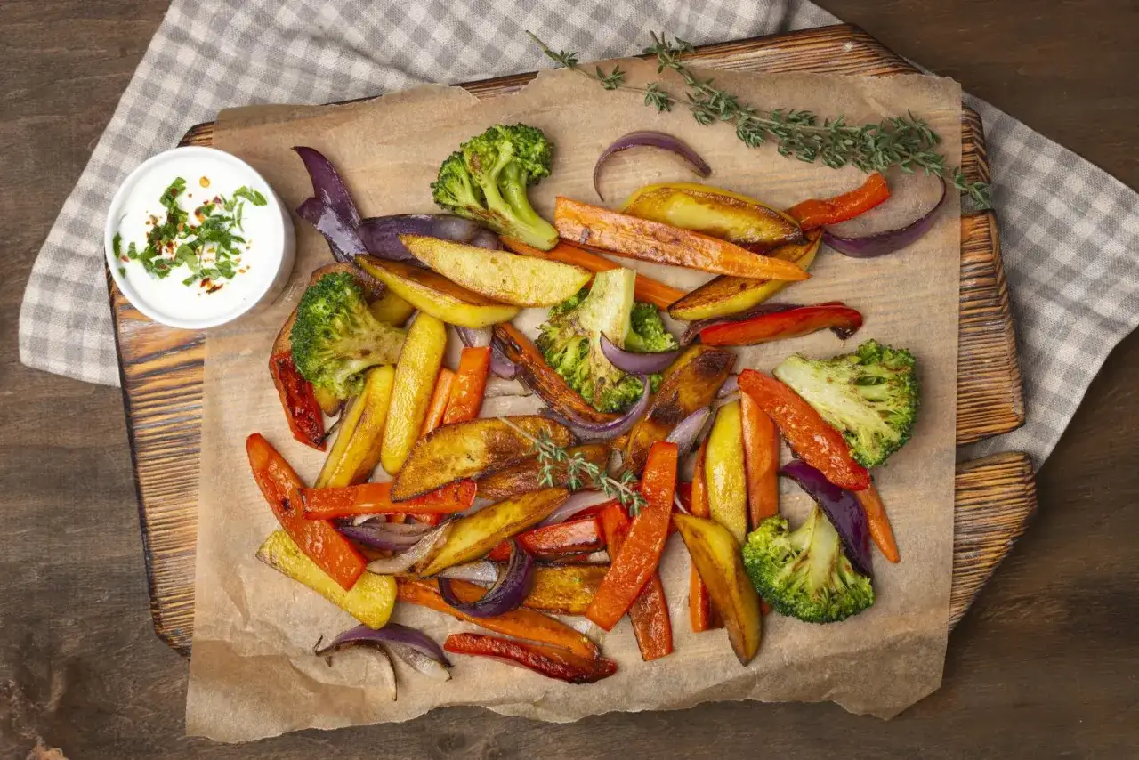 Pieczone warzywa: marchewka, ziemniaki, brokuły i cebula z sosem.