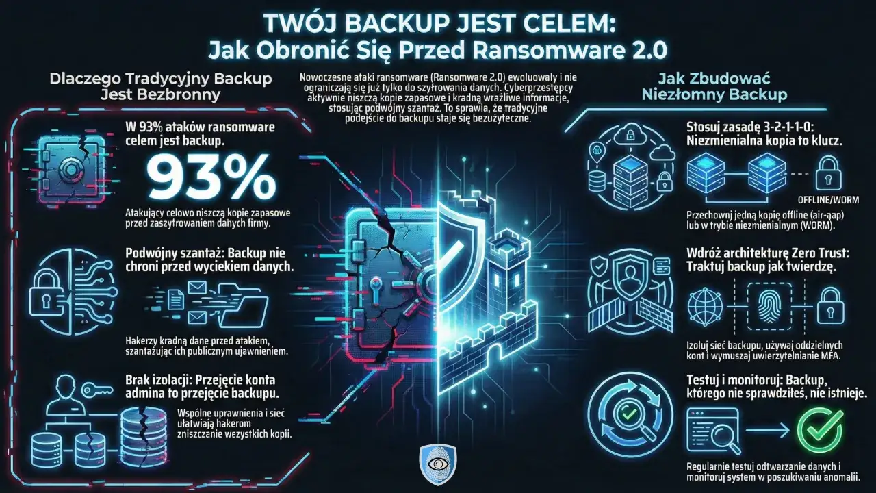 Grafika przedstawia zagrożenia związane z atakami **conti ransomware** i sposoby budowania odpornego backupu. Widać tu zniszczone sejfy, zamki, wieże obronne i schematy zabezpieczeń.